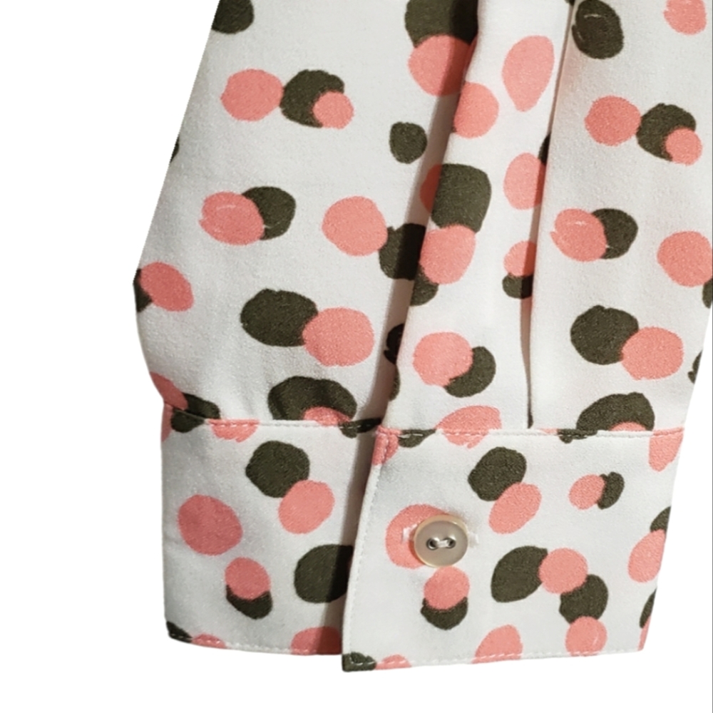 Denim & Co Coral Brown Cream Top Shirt Blouse Button Down Polka-dots Size Medium - Picture 3 of 7